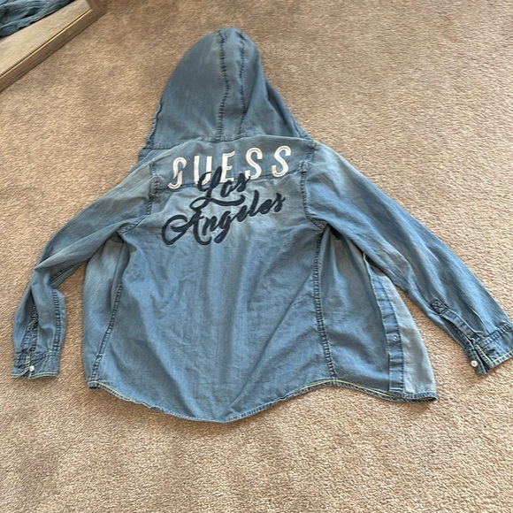 Guess Blue Denim Hooded Shirt Sz S - Picture 8 of 13